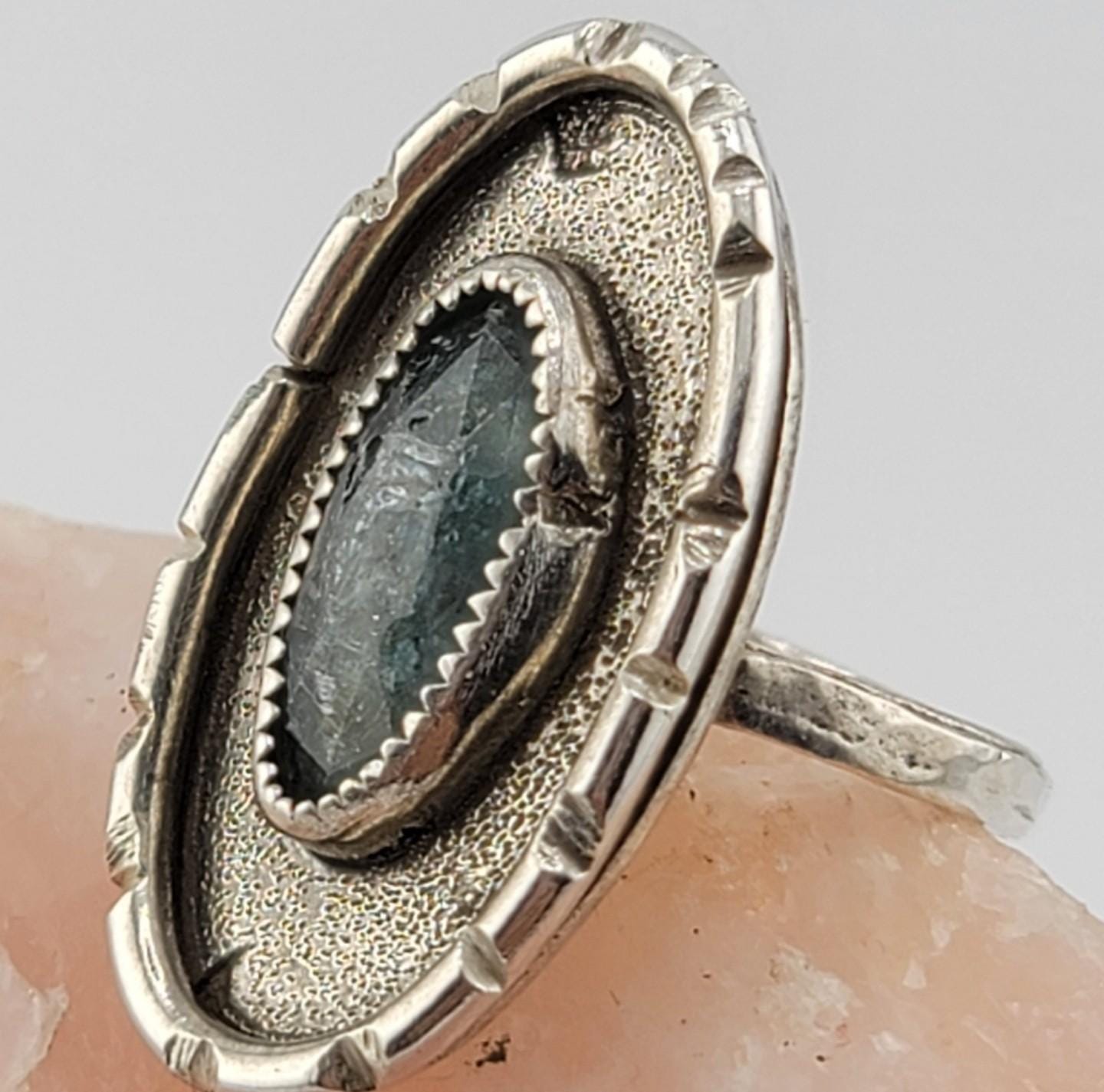 AQUAMARINE STATEMENT RING oval design handmade in. 925 sterling silver metal size 8.5