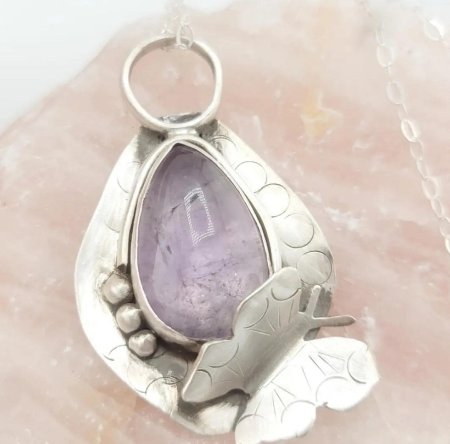 AMETHYST BUTTERFLY PENDANT handmade in Sterling Silver metal tear drop amethyst gemstone