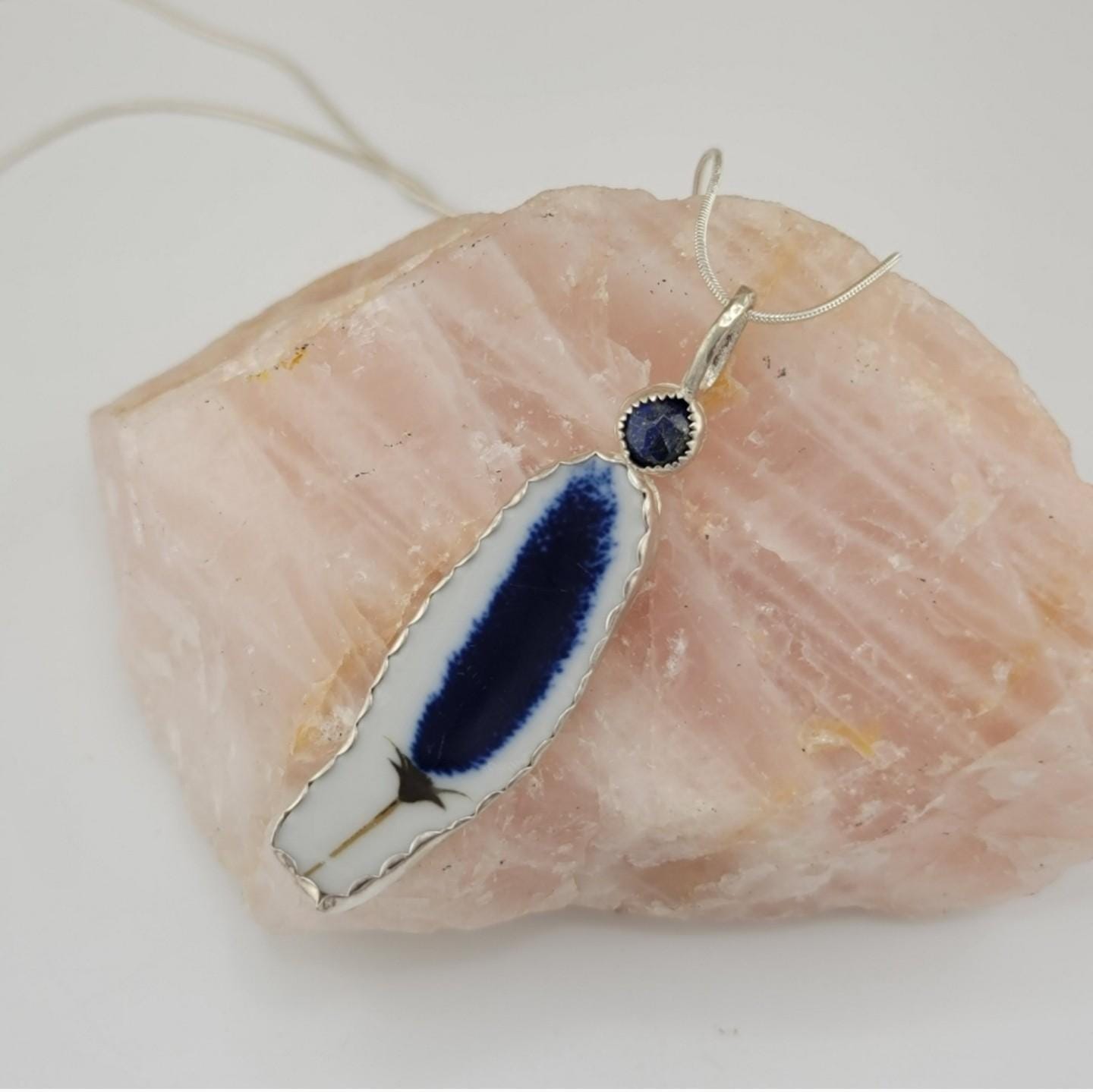 BROKEN INTO BEAUTIFUL ceramic broken china pendant feather design handmade in Sterling Silver metal with an apprx 18" chain