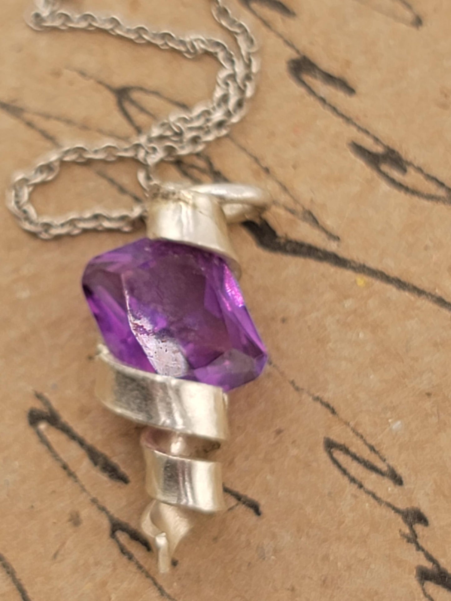 AMETHYST CRYSTAL PENDANT handmade in Sterling Silver metal pressure design