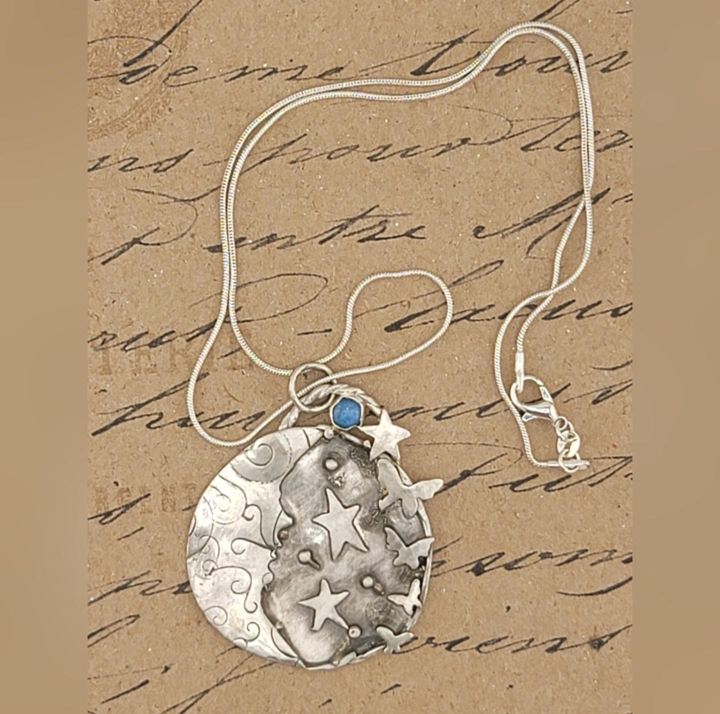 BLUE KYANITE MOON pendant with stars and butterflies handmade in Sterling Silver metal size about 2 inches around