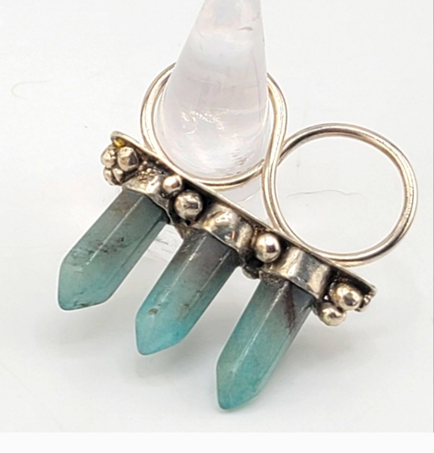 AQUAMARINE 3 TOWER spikes gemstone statement double finger ring handmade in Sterling Silver metal size 8.5 & 7.5