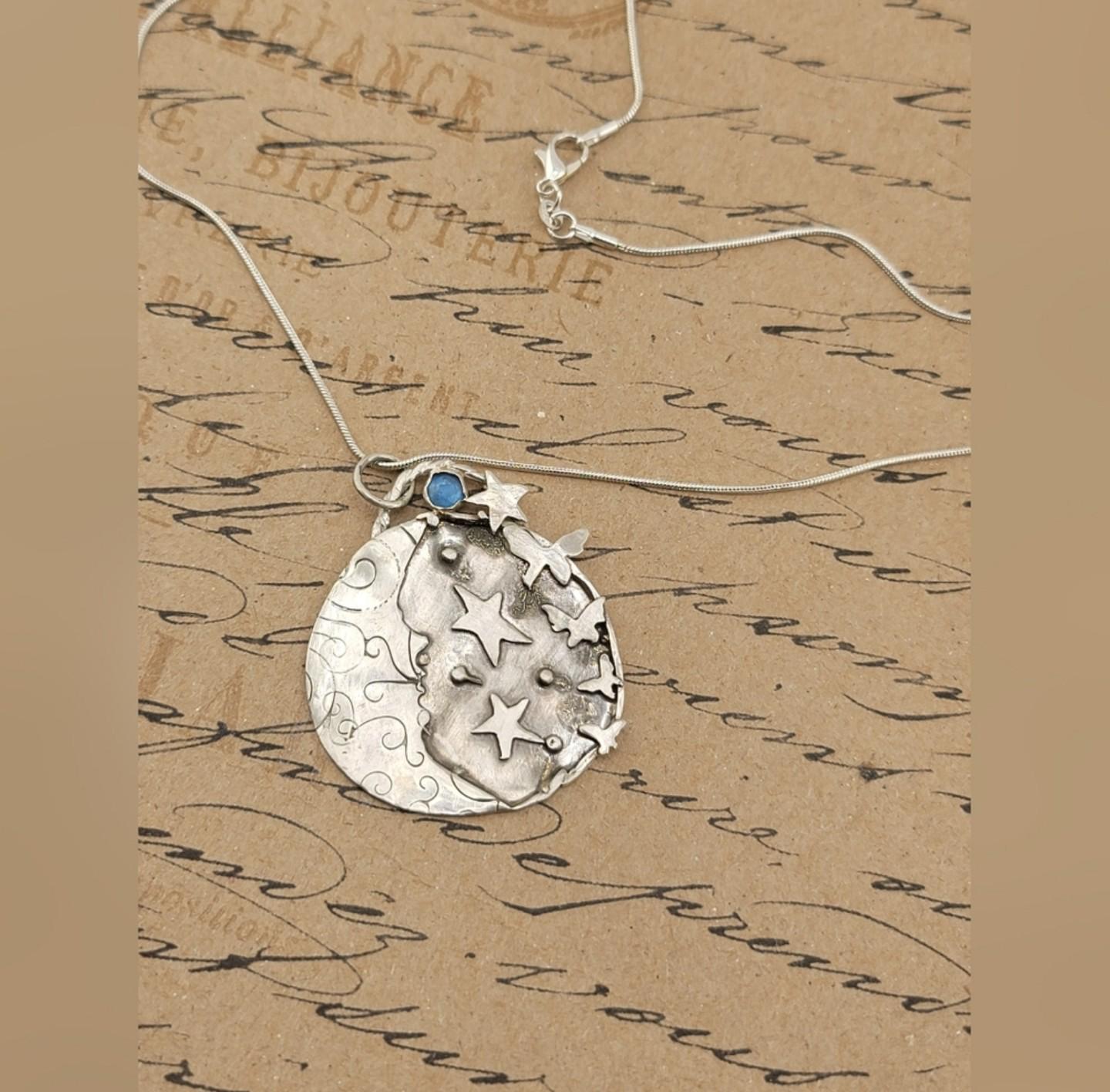 BLUE KYANITE MOON pendant with stars and butterflies handmade in Sterling Silver metal size about 2 inches around