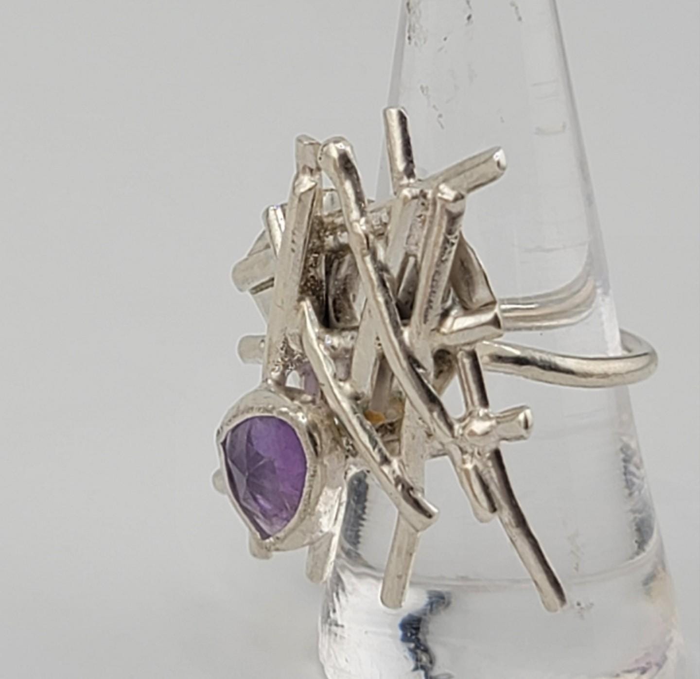 AMETHYST GEOMETRIC STATEMENT ring handmade in Sterling Silver metal size 8.5