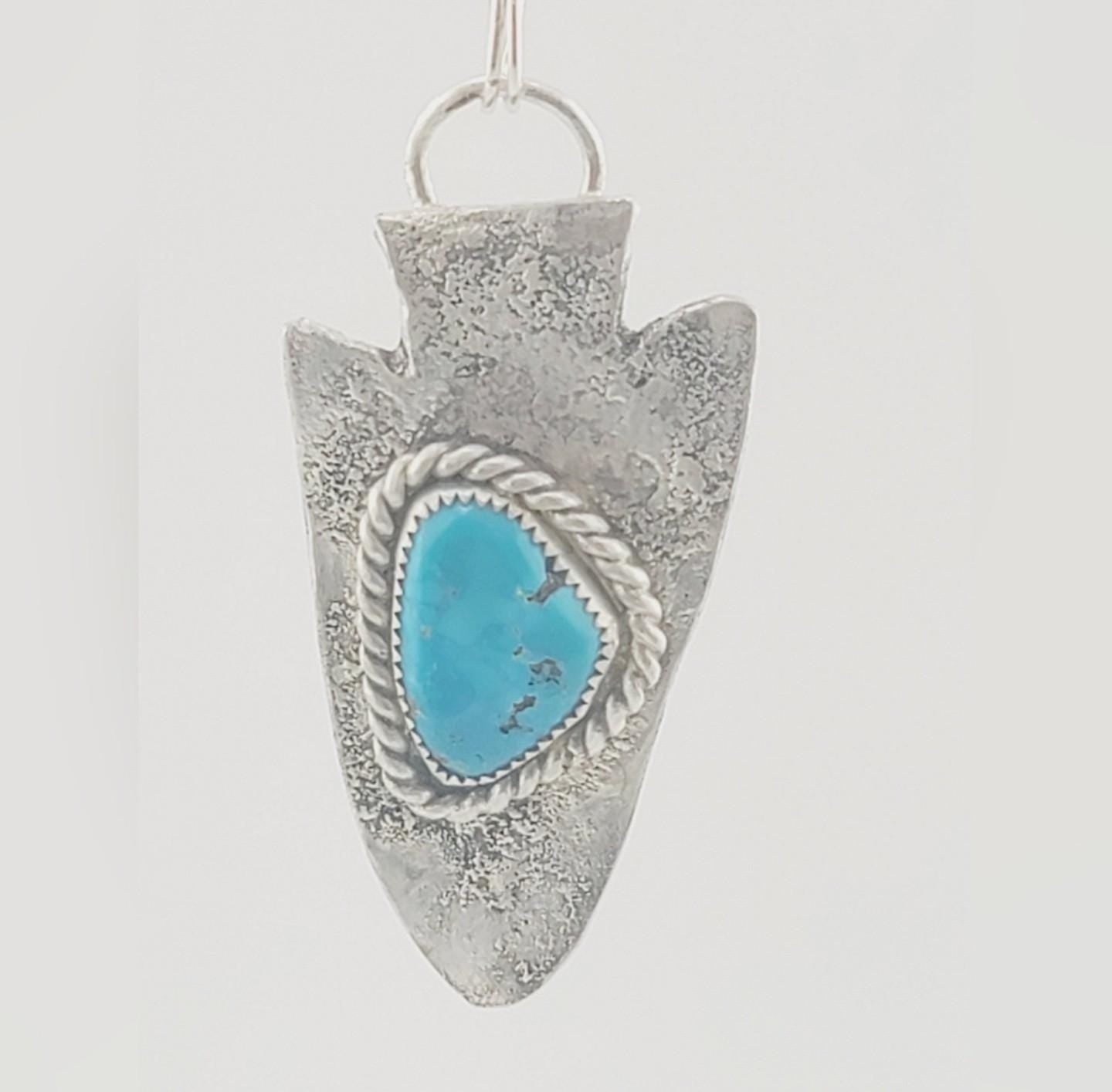 TURQUOISE ARROWHEAD PENDANT handmade in .925 sterling silver metal hammered for texture with sterling silver chain approx 18" of length