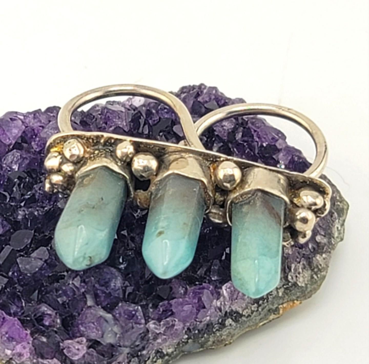 AQUAMARINE 3 TOWER spikes gemstone statement double finger ring handmade in Sterling Silver metal size 8.5 & 7.5
