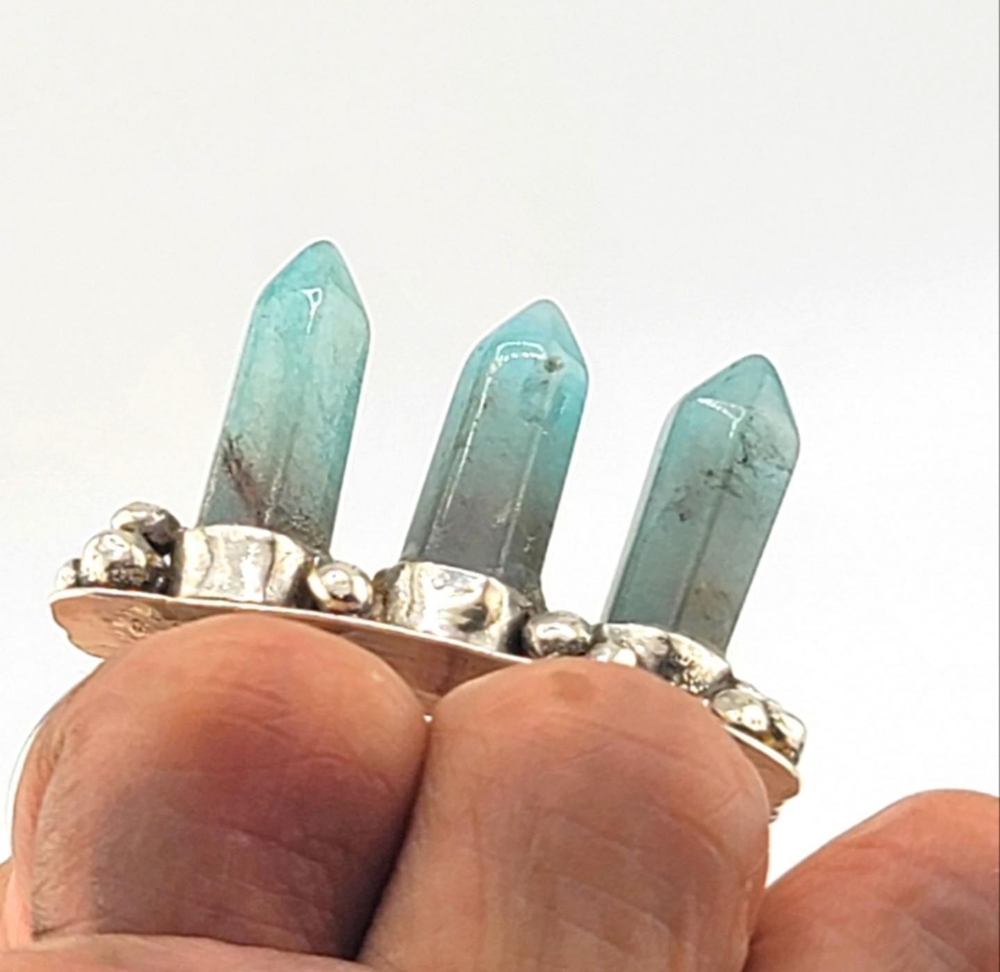 AQUAMARINE 3 TOWER spikes gemstone statement double finger ring handmade in Sterling Silver metal size 8.5 & 7.5