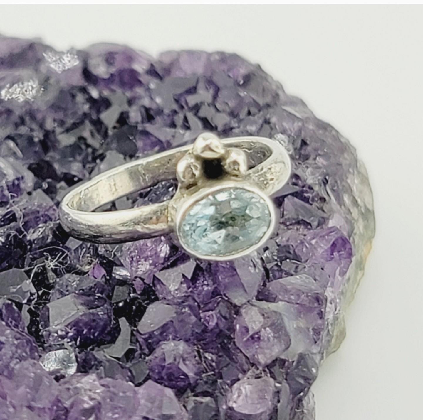 AQUAMARINE PRINCESS RING handmade in Sterling Silver metal rose cut gemstone size 6.5