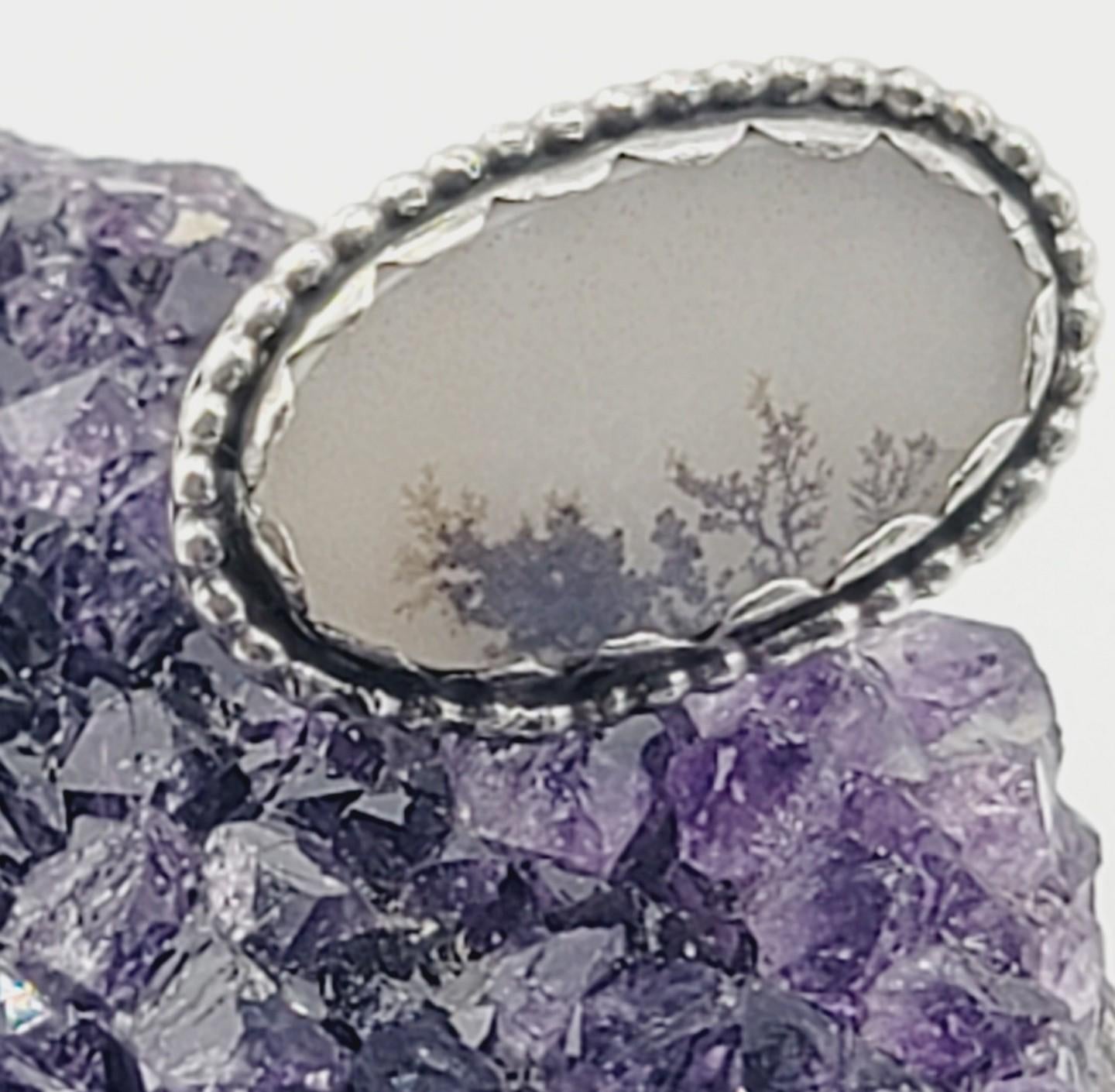 DENDRITIC AGATE RING handmade oval shape one of a kind sterling silver metal 7