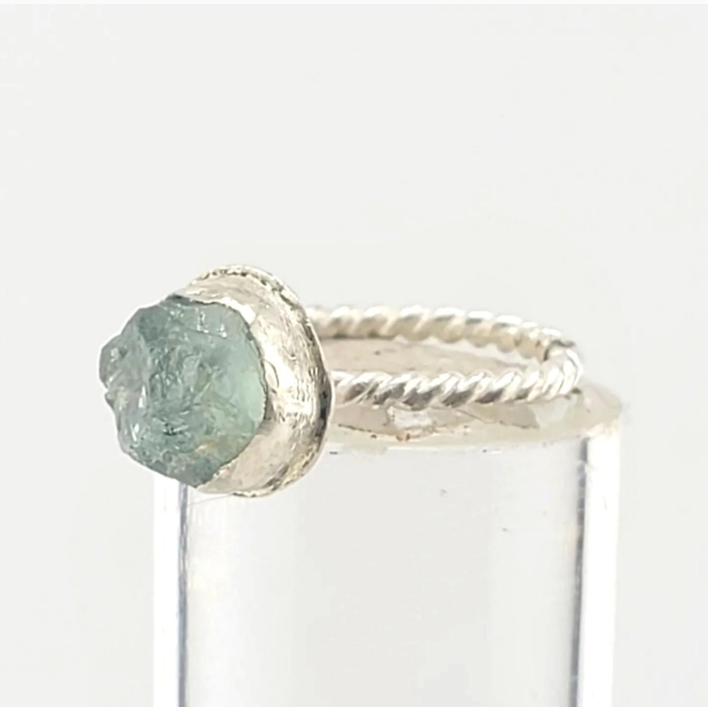 RAW AQUAMARINE RING with a twisted ring band handmade in .925 sterling silver metal size 7