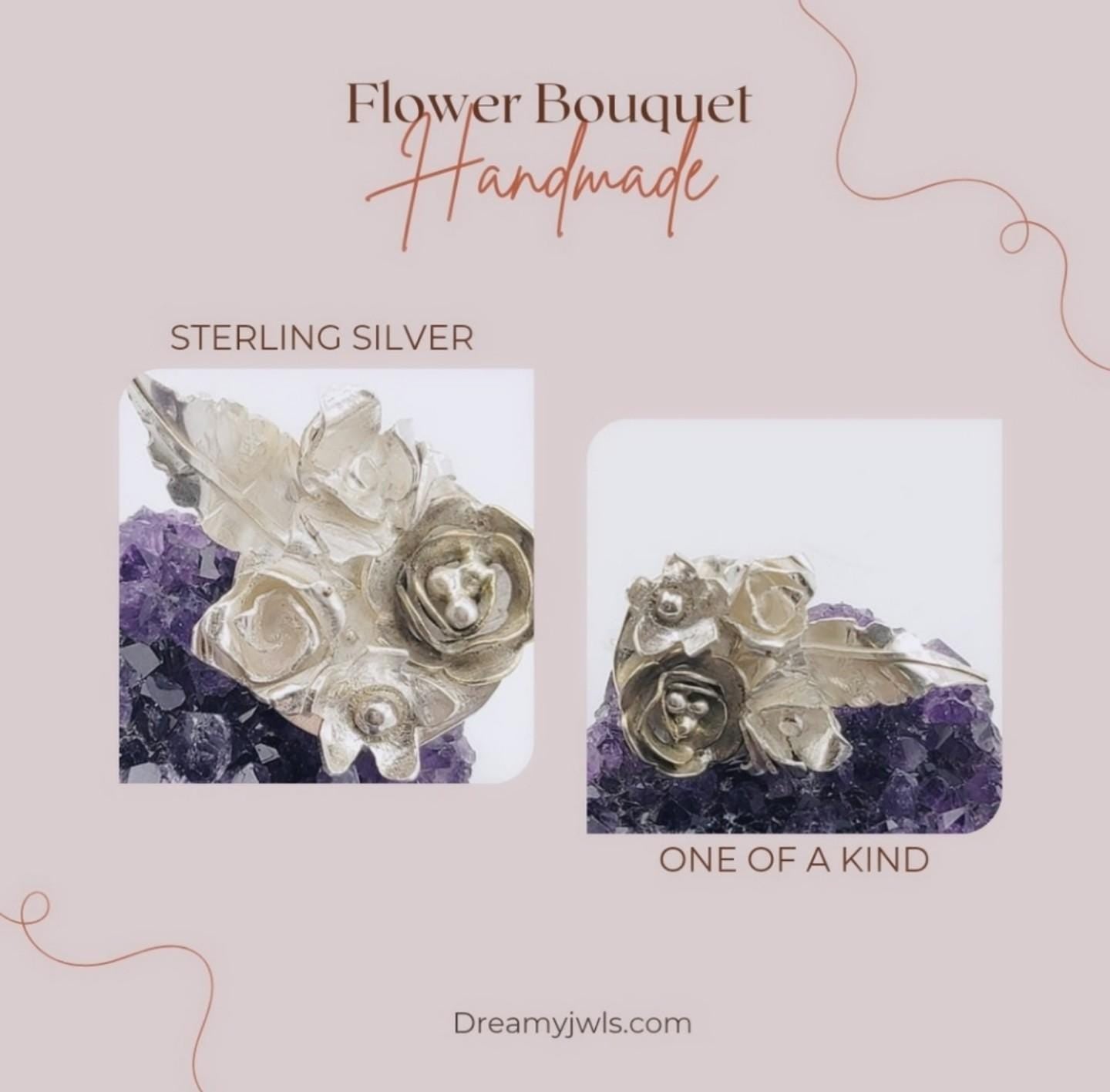 FLORAL BOUQUET HANDMADE in Sterling Silver metal one of a king Garden Collection size 8.5
