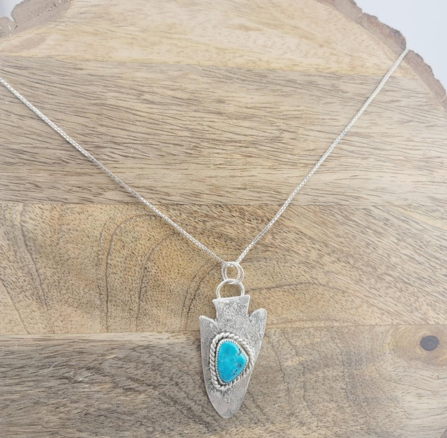 TURQUOISE ARROWHEAD PENDANT handmade in .925 sterling silver metal hammered for texture with sterling silver chain approx 18" of length