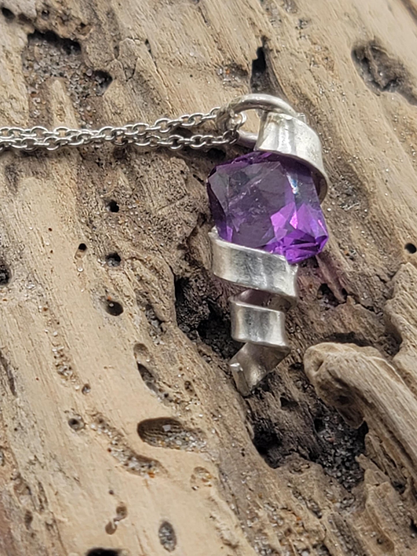 AMETHYST CRYSTAL PENDANT handmade in Sterling Silver metal pressure design