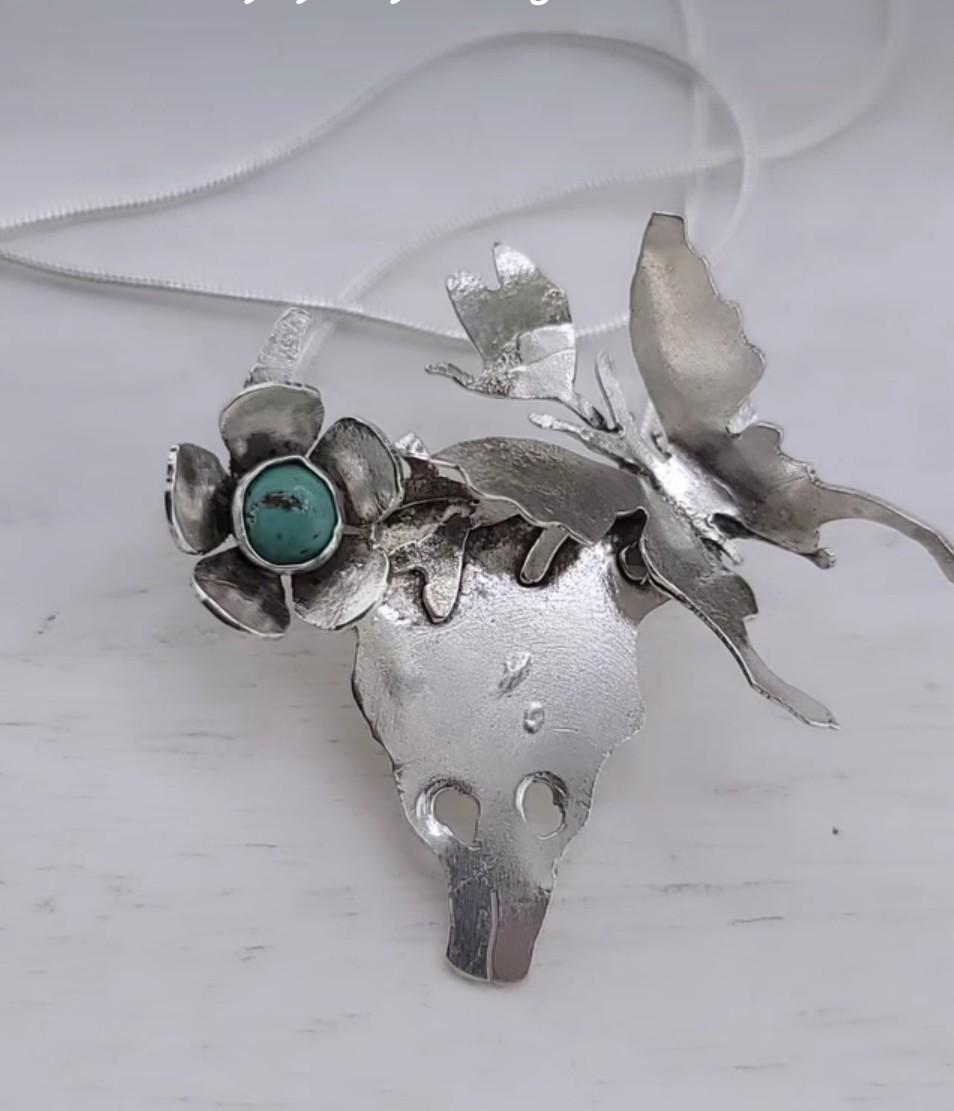 TURQUOISE skull pendant in Sterling Silver handcrafted