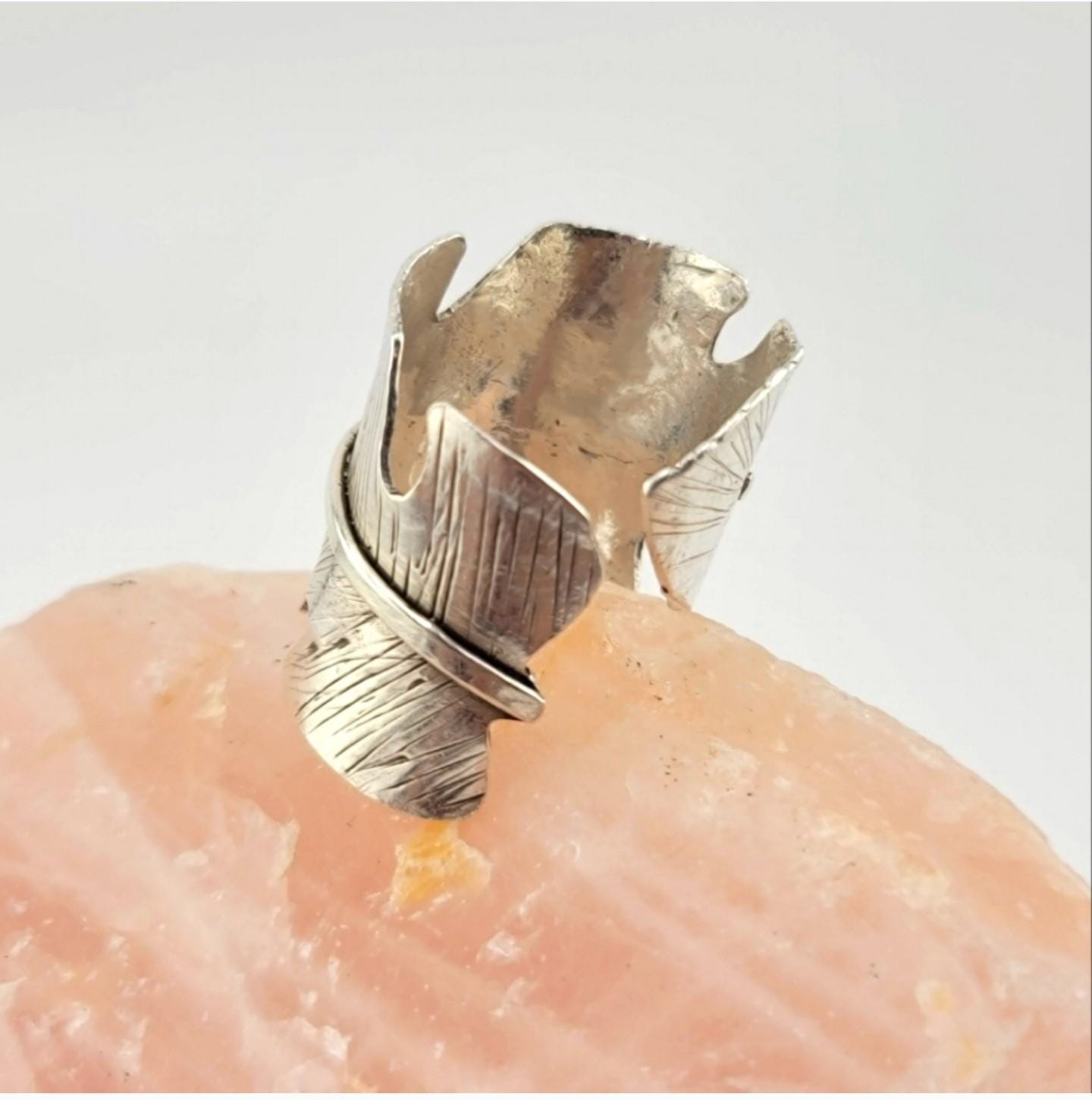 FEATHER RING ADJUSTABLE size embossed design handmade in Sterling Silver metal
