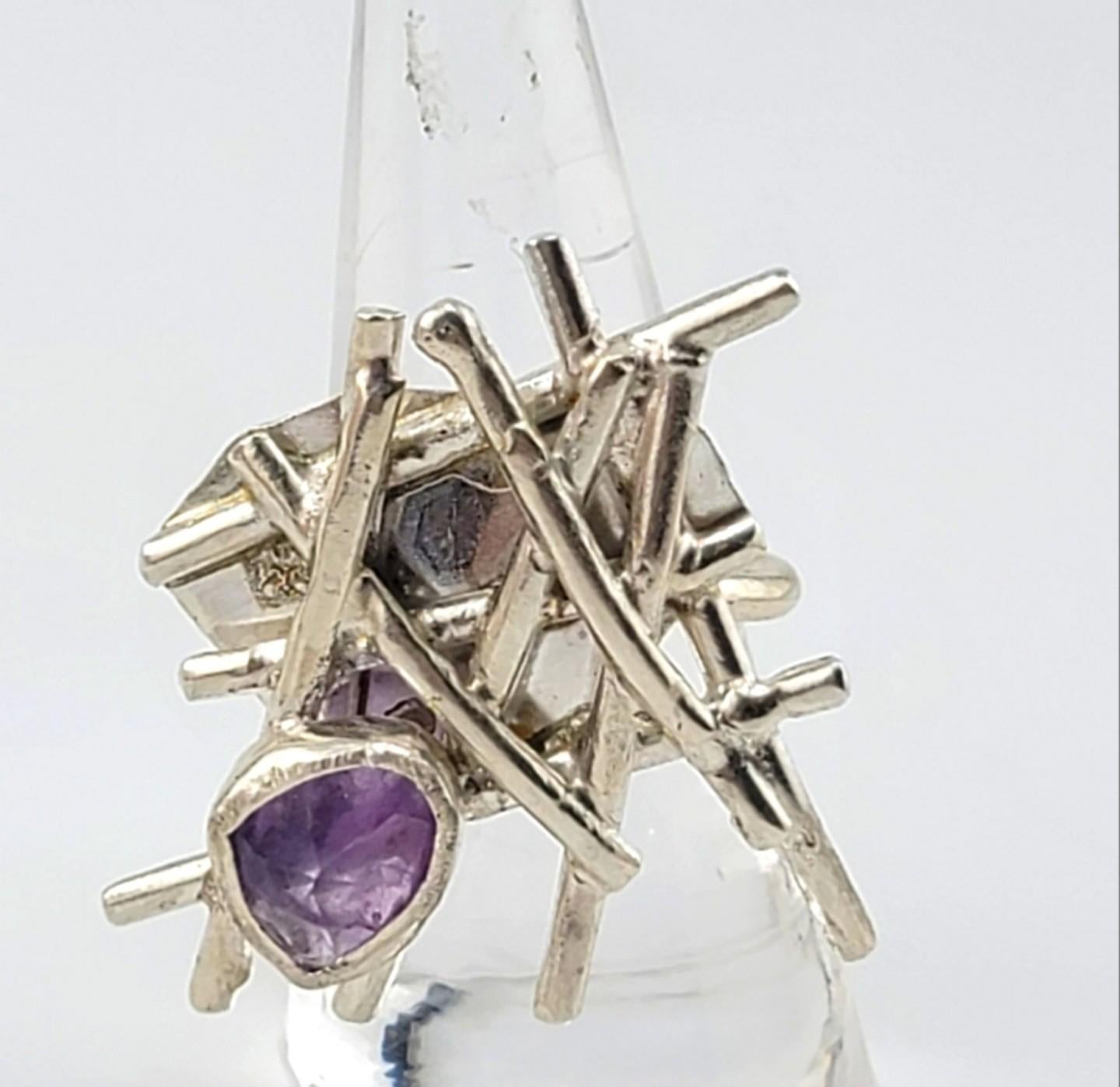AMETHYST GEOMETRIC STATEMENT ring handmade in Sterling Silver metal size 8.5