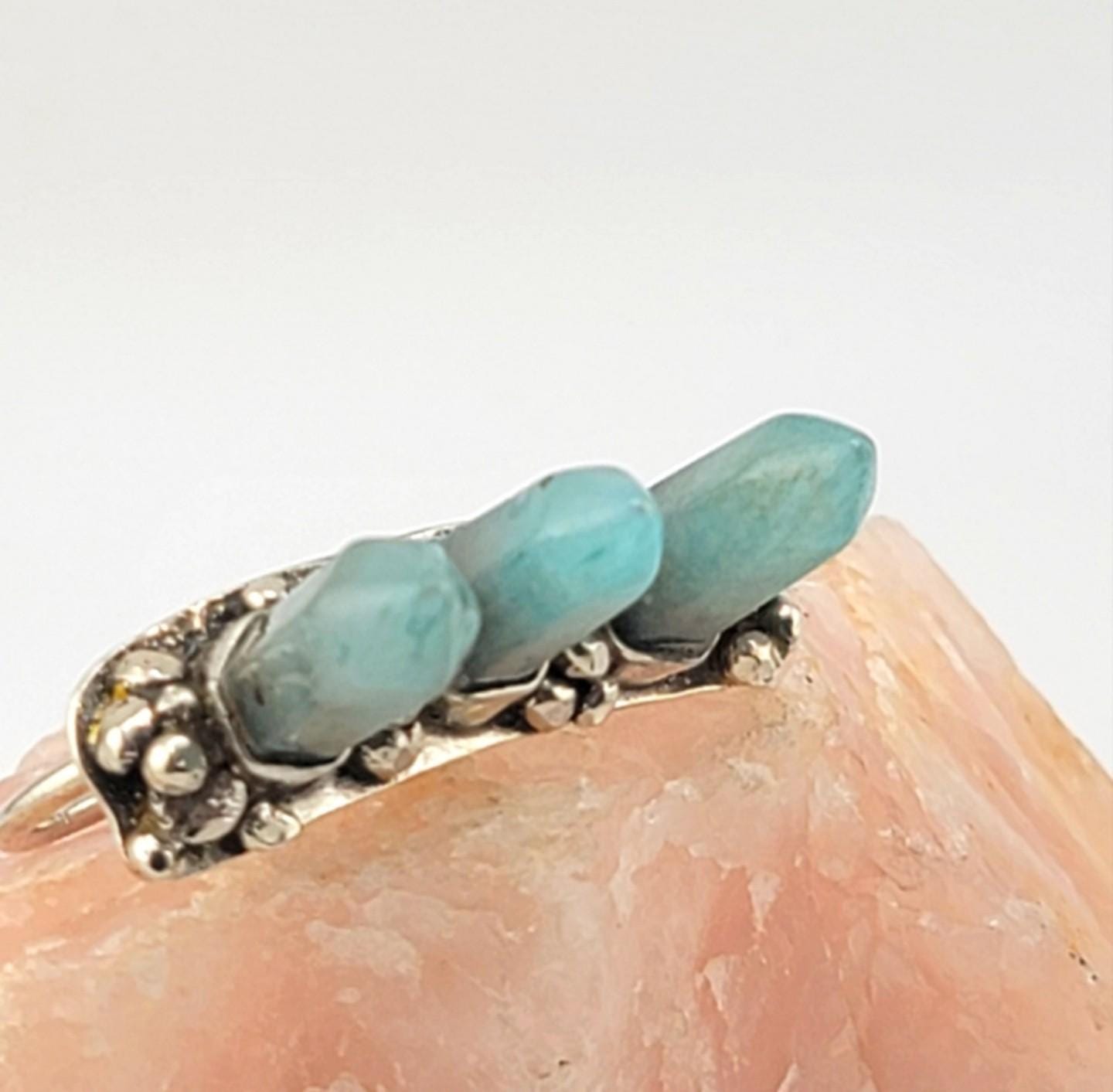 AQUAMARINE 3 TOWER spikes gemstone statement double finger ring handmade in Sterling Silver metal size 8.5 & 7.5