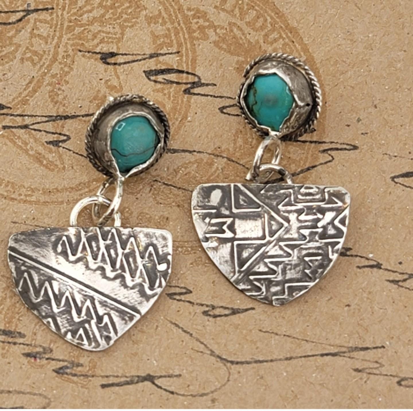TURQUOISE BOHEMIAN EARRINGS handmade in .925 sterling silver metal embossed with tribal designs