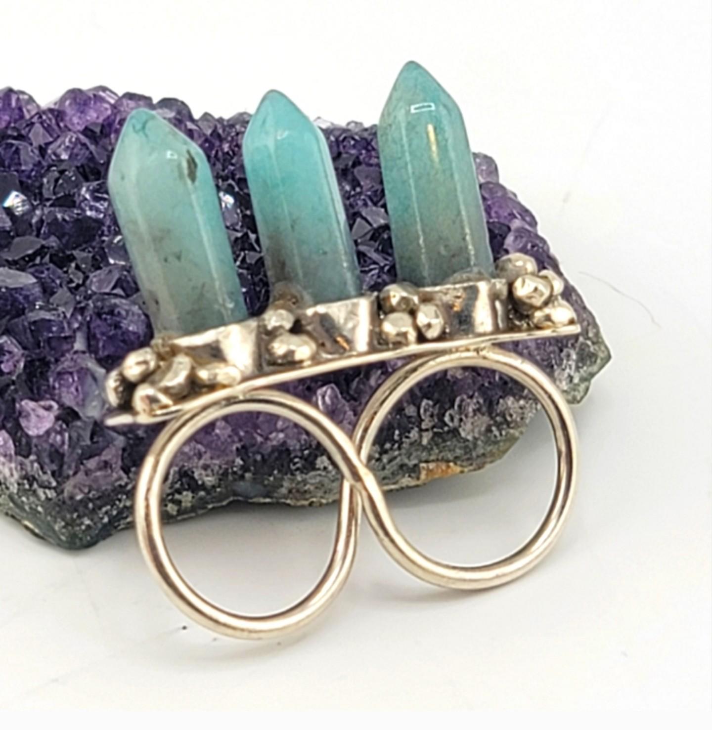 AQUAMARINE 3 TOWER spikes gemstone statement double finger ring handmade in Sterling Silver metal size 8.5 & 7.5