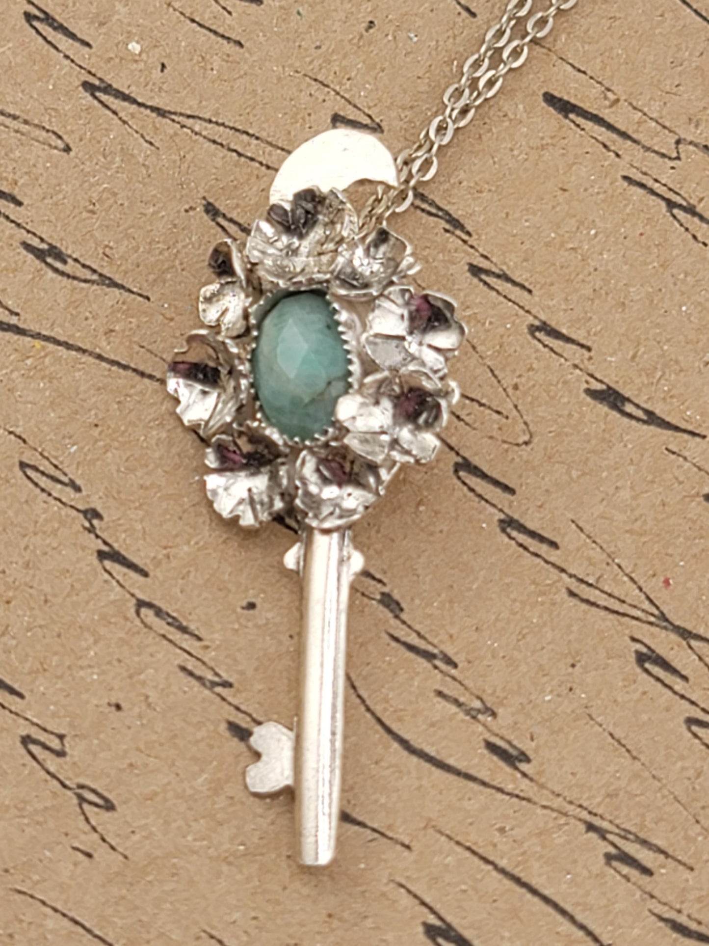 EMERALD MOON FLOWERS key pendant handmade in Sterling Silver metal