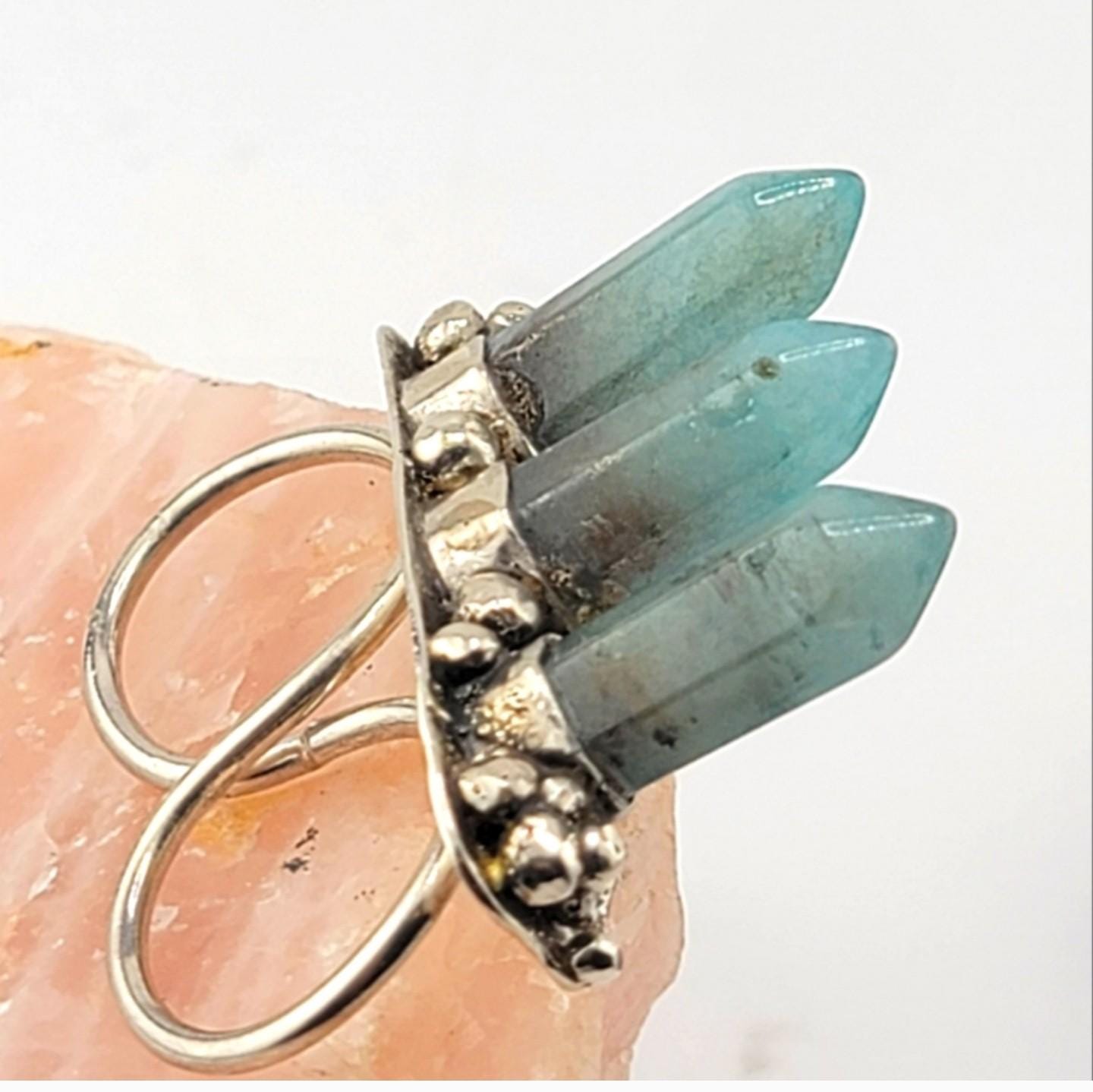 AQUAMARINE 3 TOWER spikes gemstone statement double finger ring handmade in Sterling Silver metal size 8.5 & 7.5