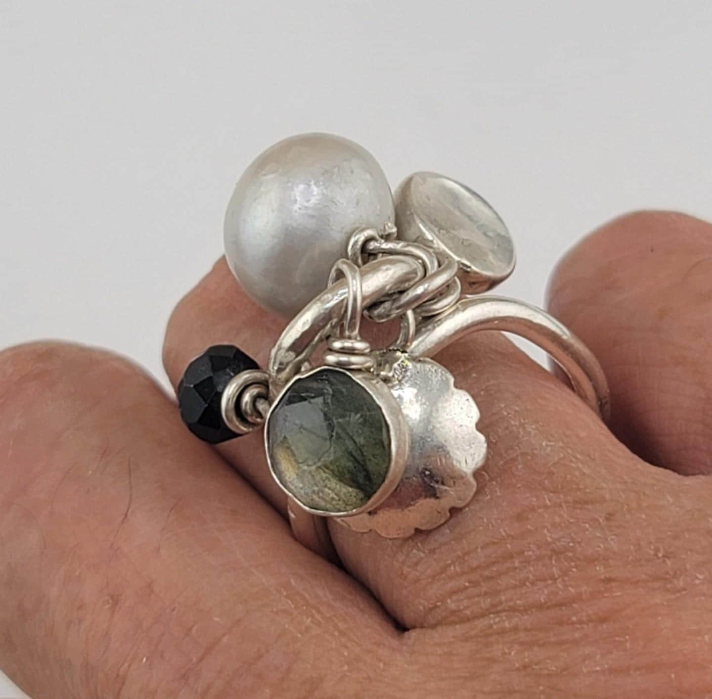 CHARM RING PEARL, Labradorite, Moonstone and onyx flower charm ring handmade in .925 sterling silver metal size 6.5