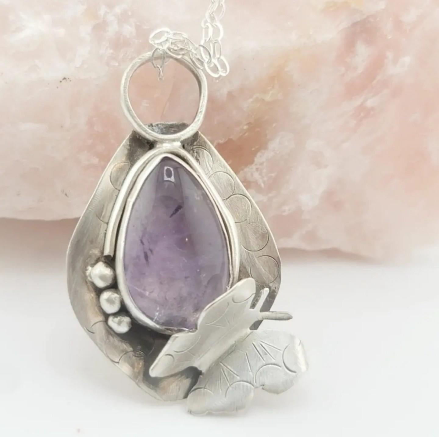 AMETHYST BUTTERFLY PENDANT handmade in Sterling Silver metal tear drop amethyst gemstone