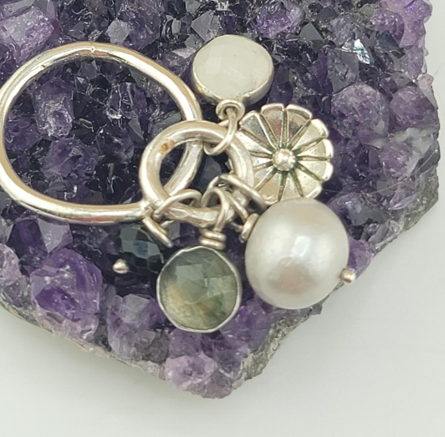 CHARM RING PEARL, Labradorite, Moonstone and onyx flower charm ring handmade in .925 sterling silver metal size 6.5
