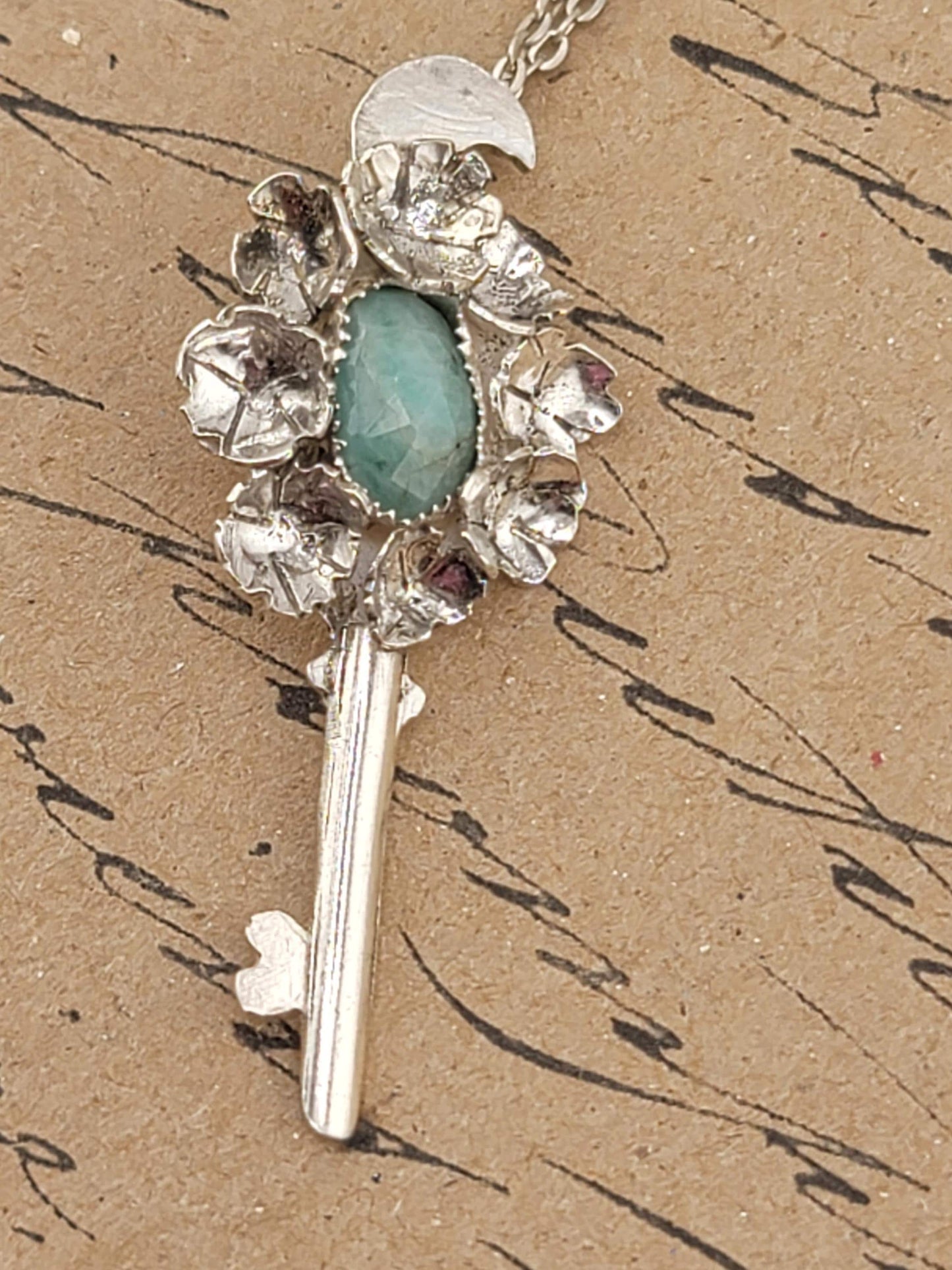EMERALD MOON FLOWERS key pendant handmade in Sterling Silver metal