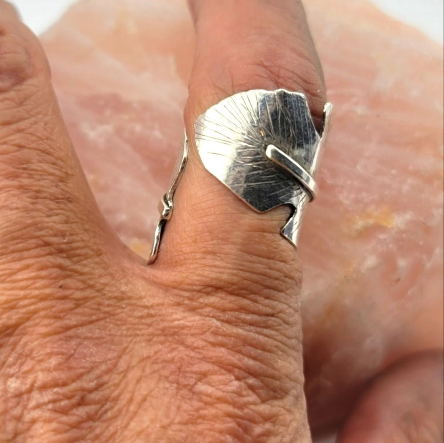 FEATHER RING ADJUSTABLE size embossed design handmade in Sterling Silver metal