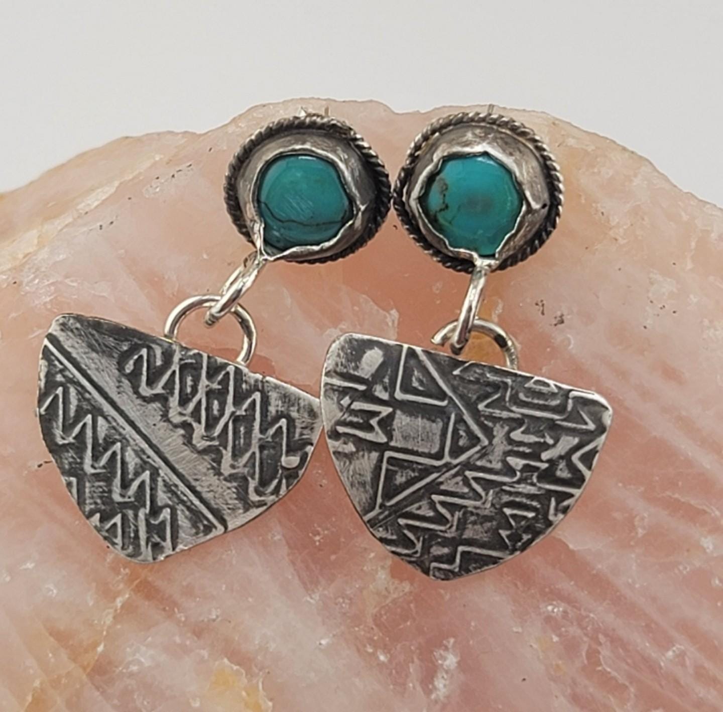 TURQUOISE BOHEMIAN EARRINGS handmade in .925 sterling silver metal embossed with tribal designs