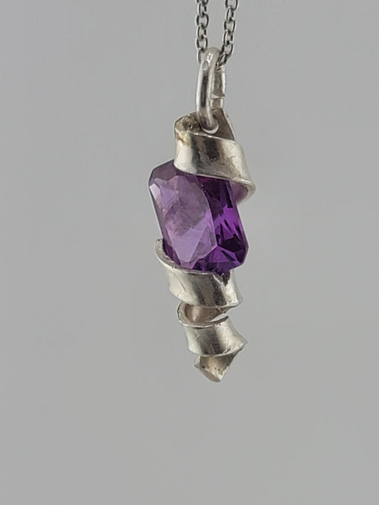AMETHYST CRYSTAL PENDANT handmade in Sterling Silver metal pressure design