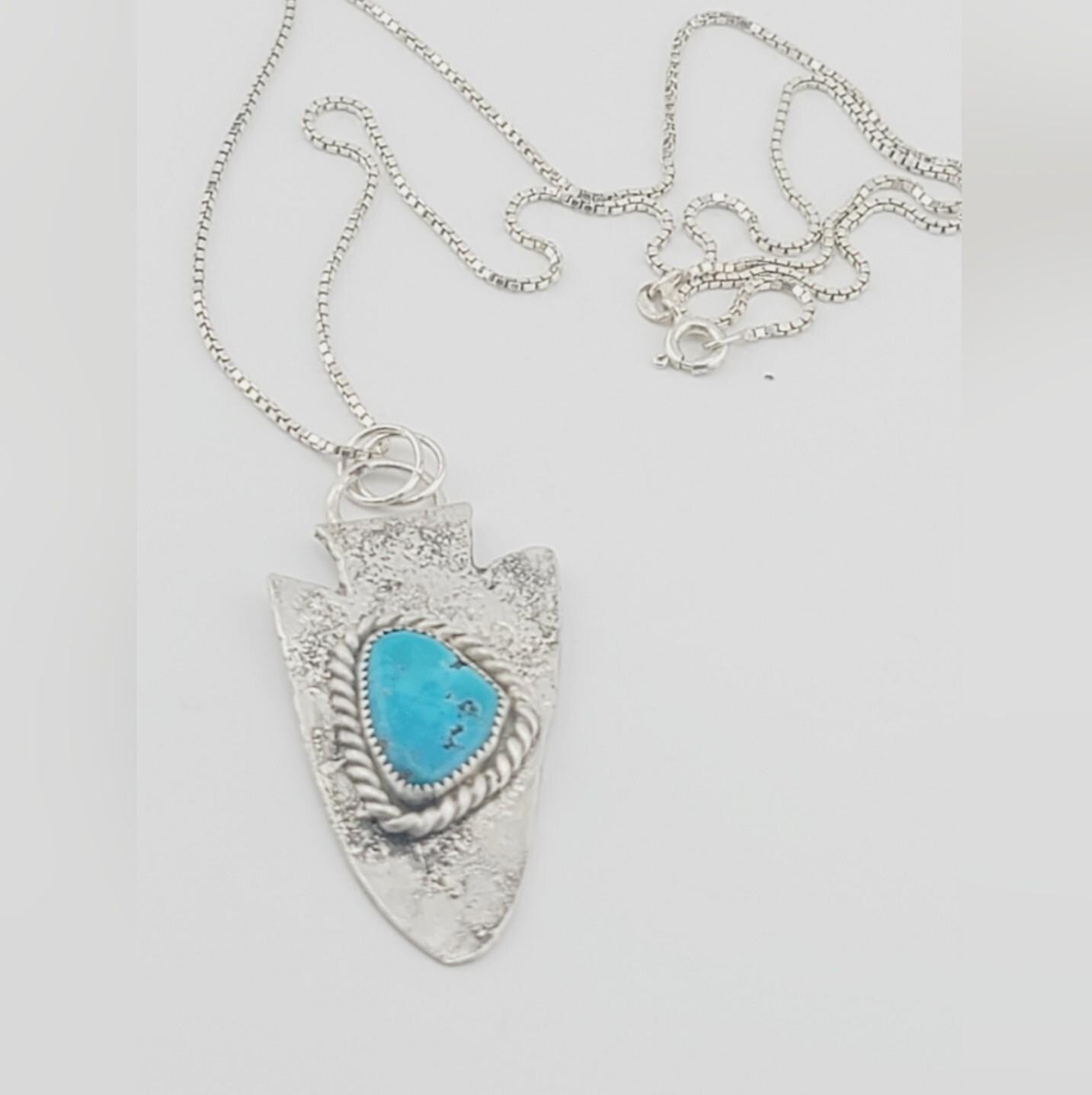 TURQUOISE ARROWHEAD PENDANT handmade in .925 sterling silver metal hammered for texture with sterling silver chain approx 18" of length