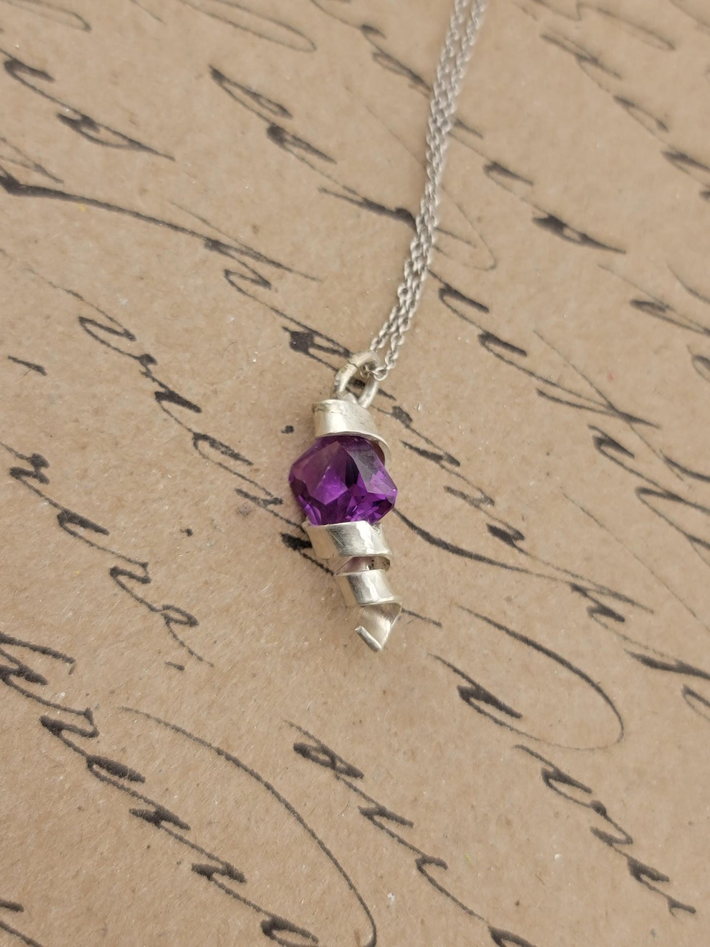 AMETHYST CRYSTAL PENDANT handmade in Sterling Silver metal pressure design