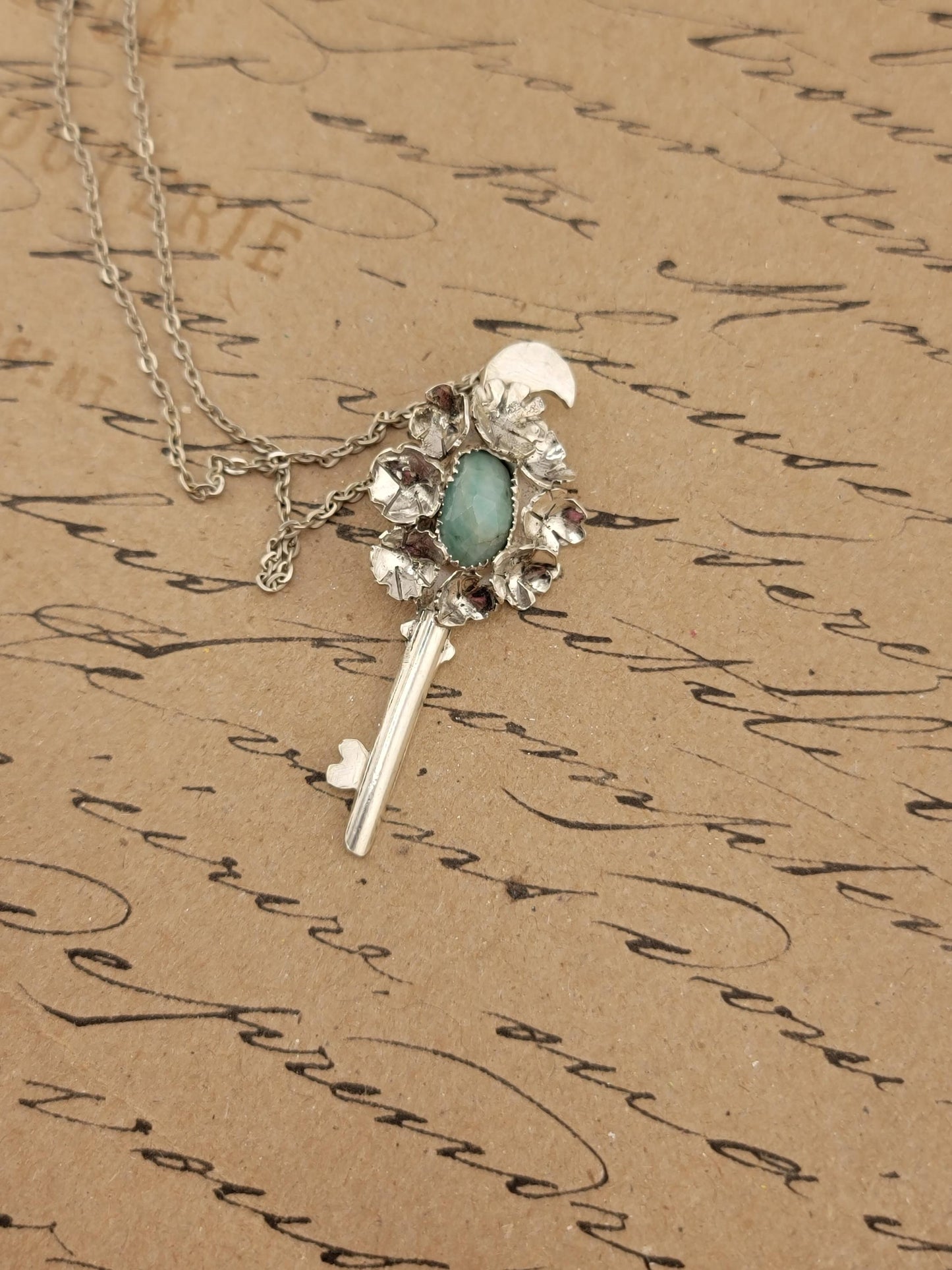 EMERALD MOON FLOWERS key pendant handmade in Sterling Silver metal