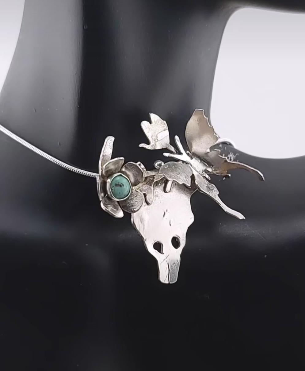 TURQUOISE skull pendant in Sterling Silver handcrafted