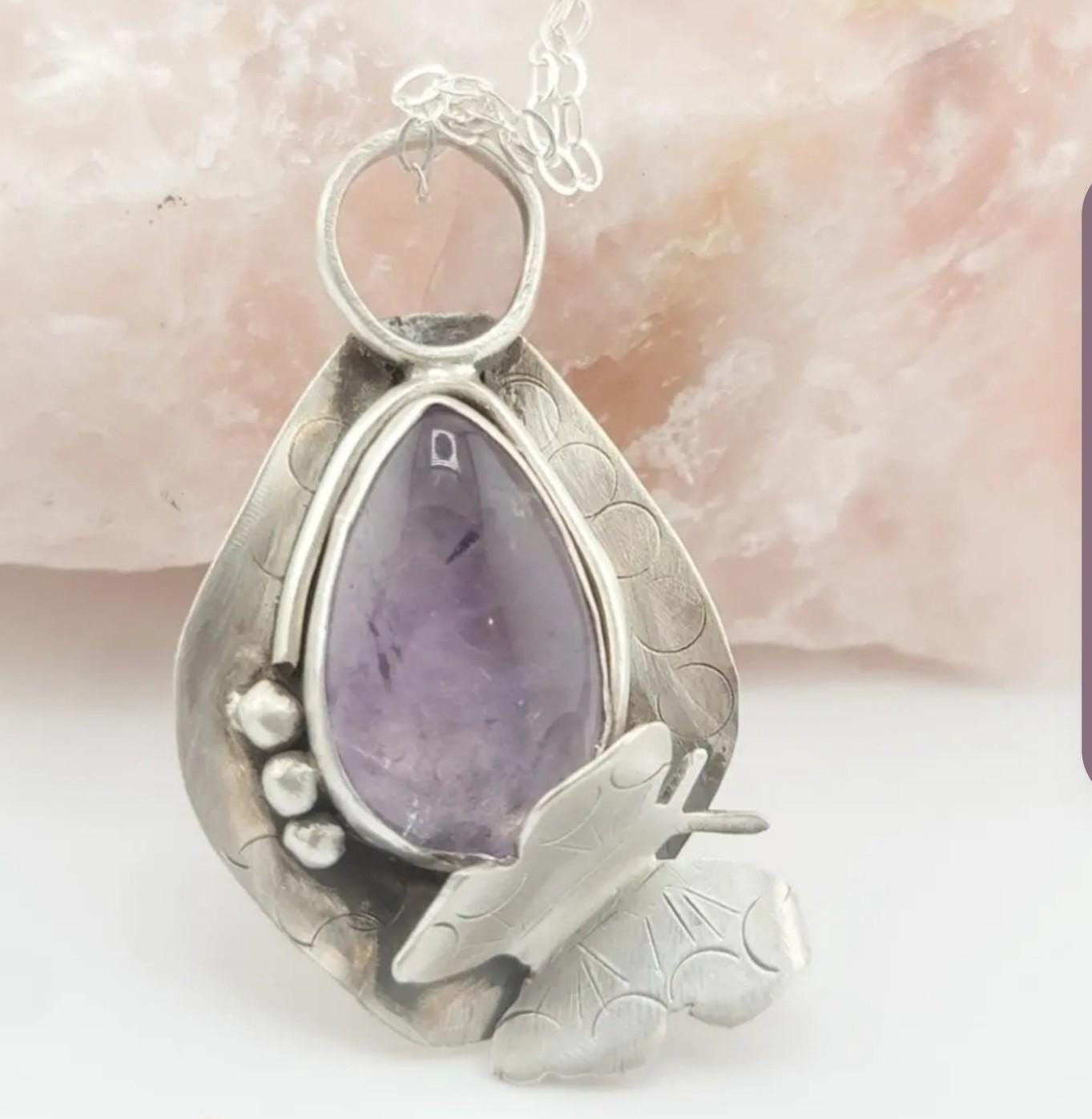 AMETHYST BUTTERFLY PENDANT handmade in Sterling Silver metal tear drop amethyst gemstone