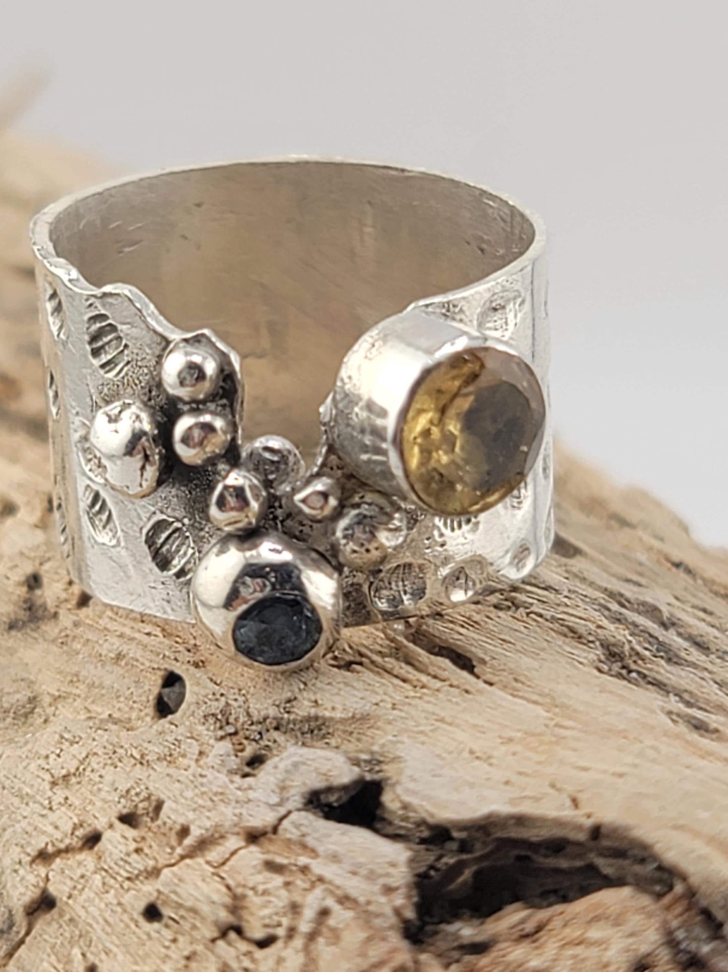 SAPPHIRE & CITRINE RING Brutalist style handmade in Sterling Silver metal size 8