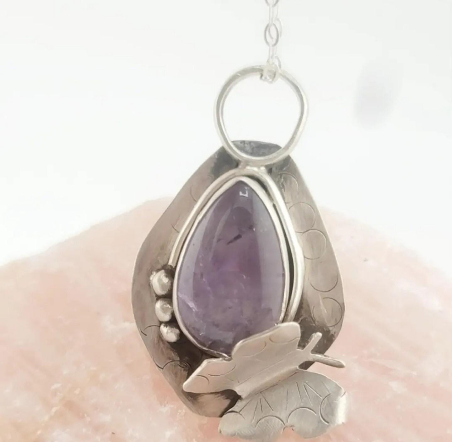 AMETHYST BUTTERFLY PENDANT handmade in Sterling Silver metal tear drop amethyst gemstone