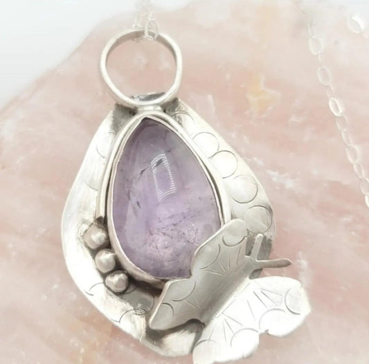 AMETHYST BUTTERFLY PENDANT handmade in Sterling Silver metal tear drop amethyst gemstone