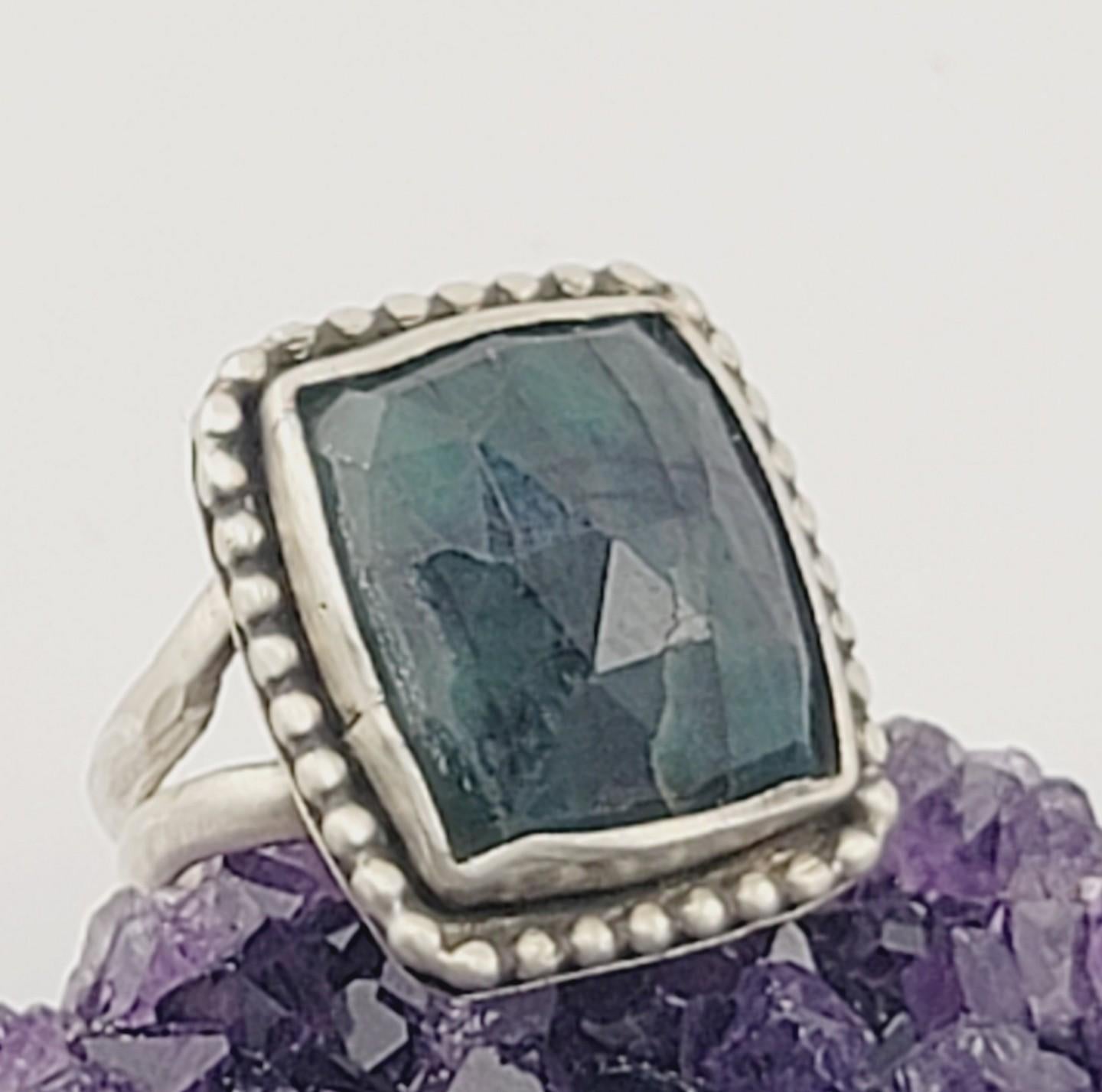 Emerald square nature rose-cut gemstone ring handmade in .925 sterling silver metal