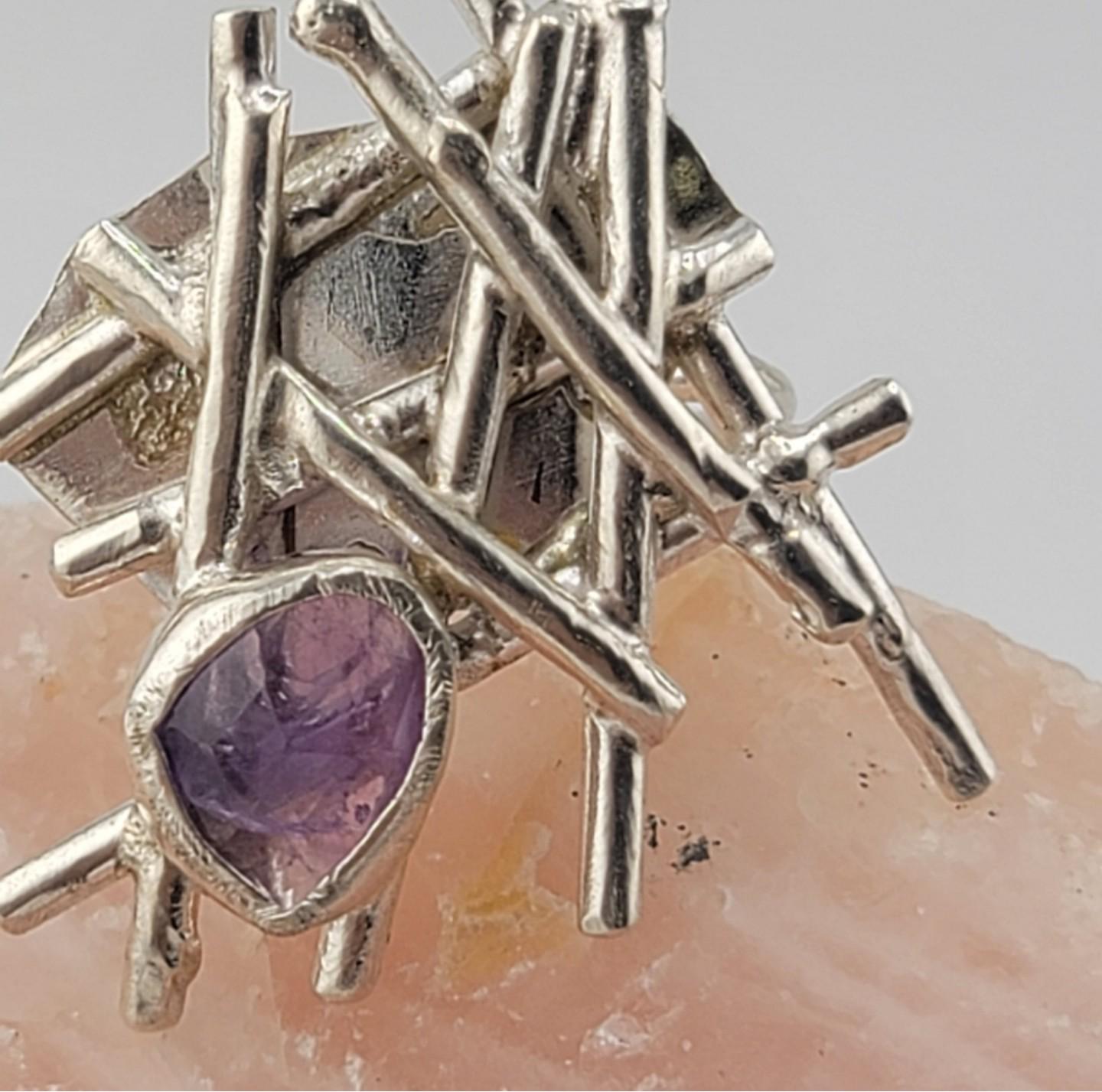 AMETHYST GEOMETRIC STATEMENT ring handmade in Sterling Silver metal size 8.5
