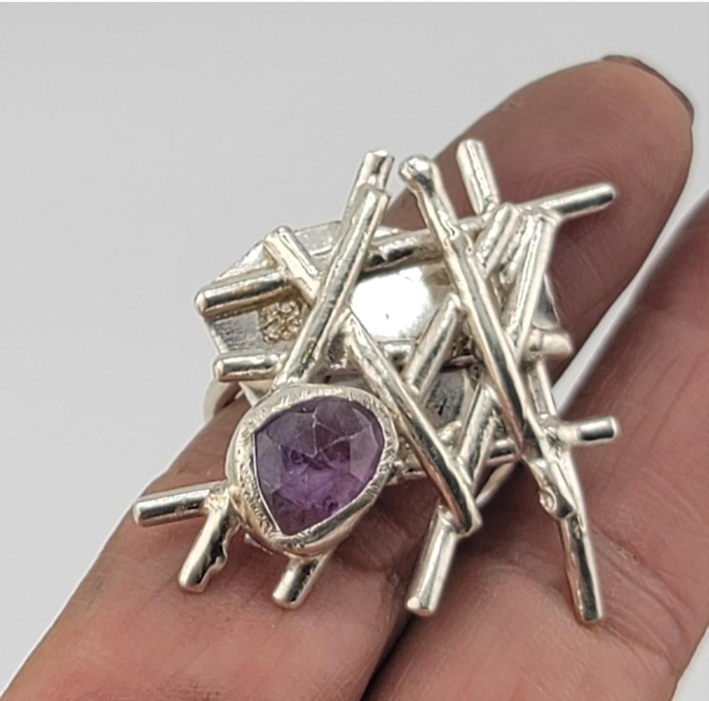 AMETHYST GEOMETRIC STATEMENT ring handmade in Sterling Silver metal size 8.5