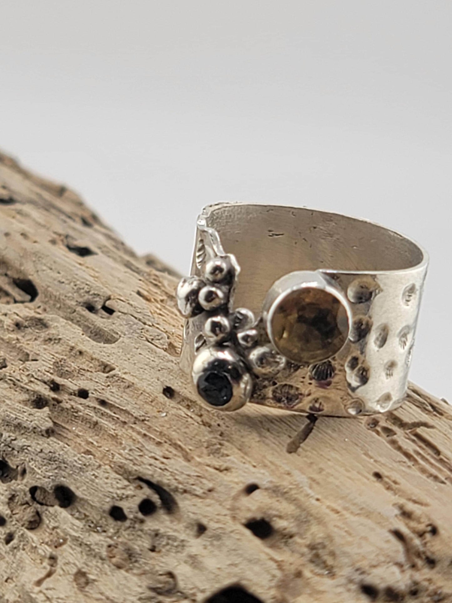 SAPPHIRE & CITRINE RING Brutalist style handmade in Sterling Silver metal size 8