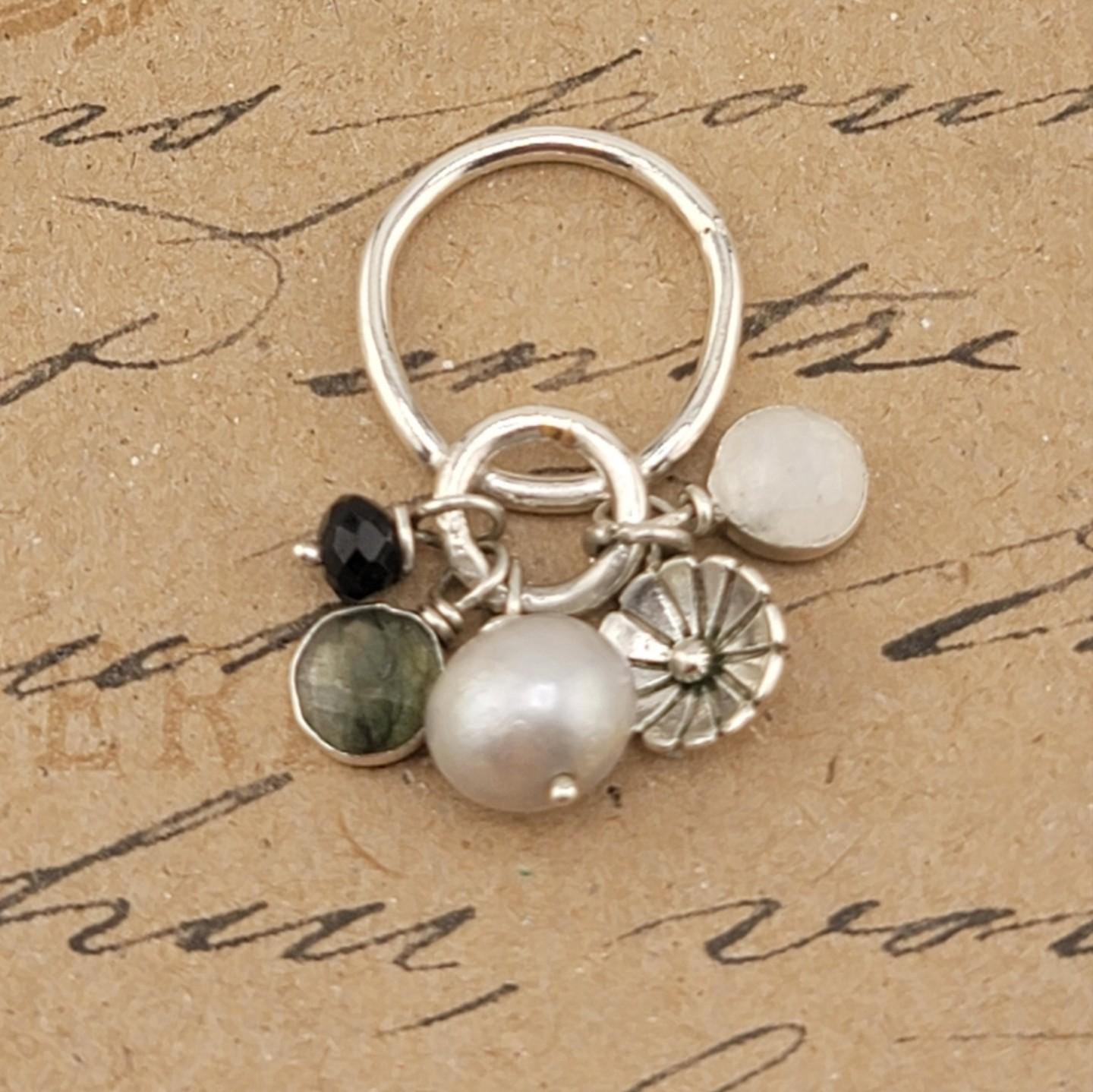 CHARM RING PEARL, Labradorite, Moonstone and onyx flower charm ring handmade in .925 sterling silver metal size 6.5