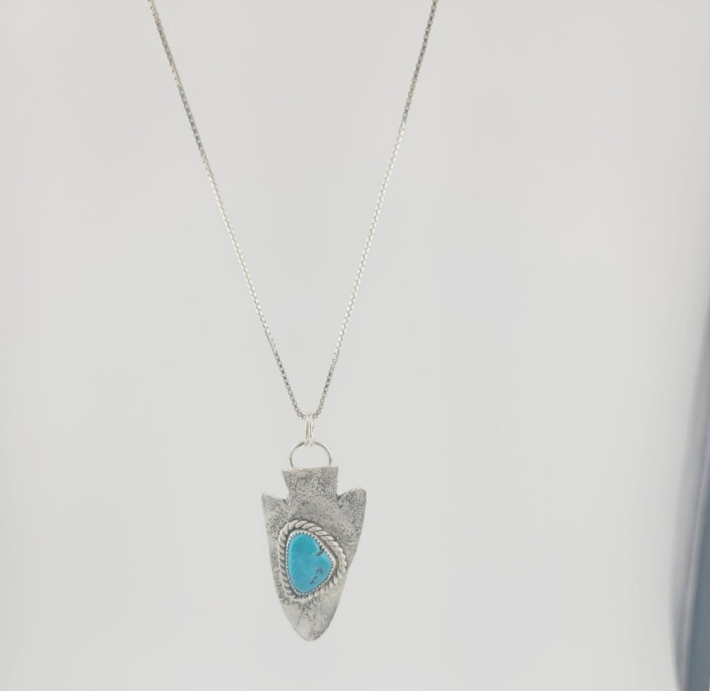 TURQUOISE ARROWHEAD PENDANT handmade in .925 sterling silver metal hammered for texture with sterling silver chain approx 18" of length