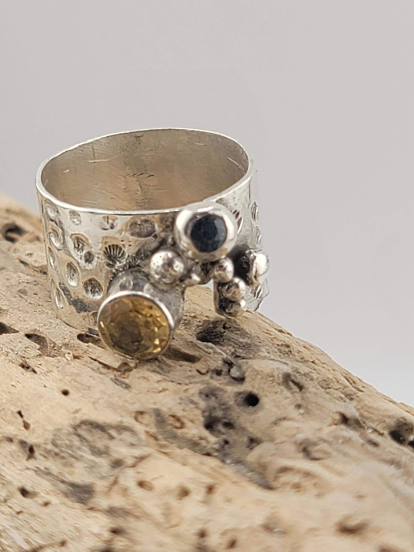 SAPPHIRE & CITRINE RING Brutalist style handmade in Sterling Silver metal size 8