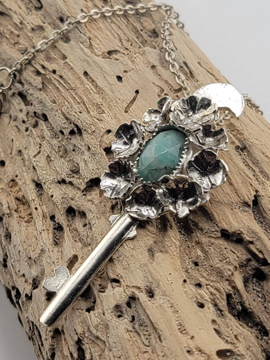 EMERALD MOON FLOWERS key pendant handmade in Sterling Silver metal