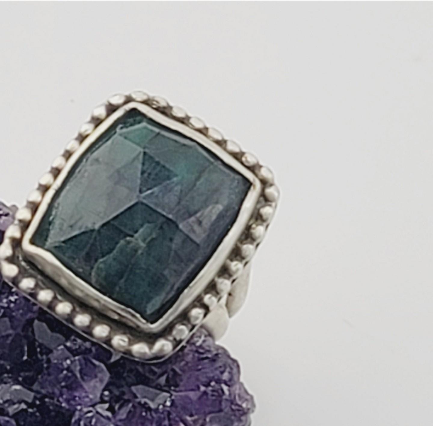 Emerald square nature rose-cut gemstone ring handmade in .925 sterling silver metal