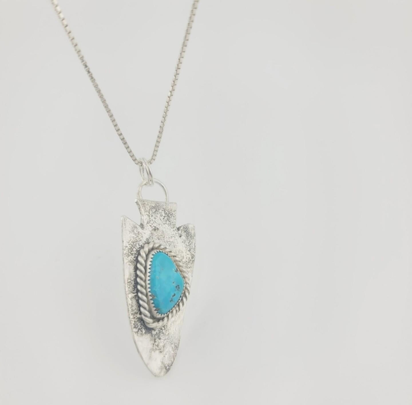 TURQUOISE ARROWHEAD PENDANT handmade in .925 sterling silver metal hammered for texture with sterling silver chain approx 18" of length